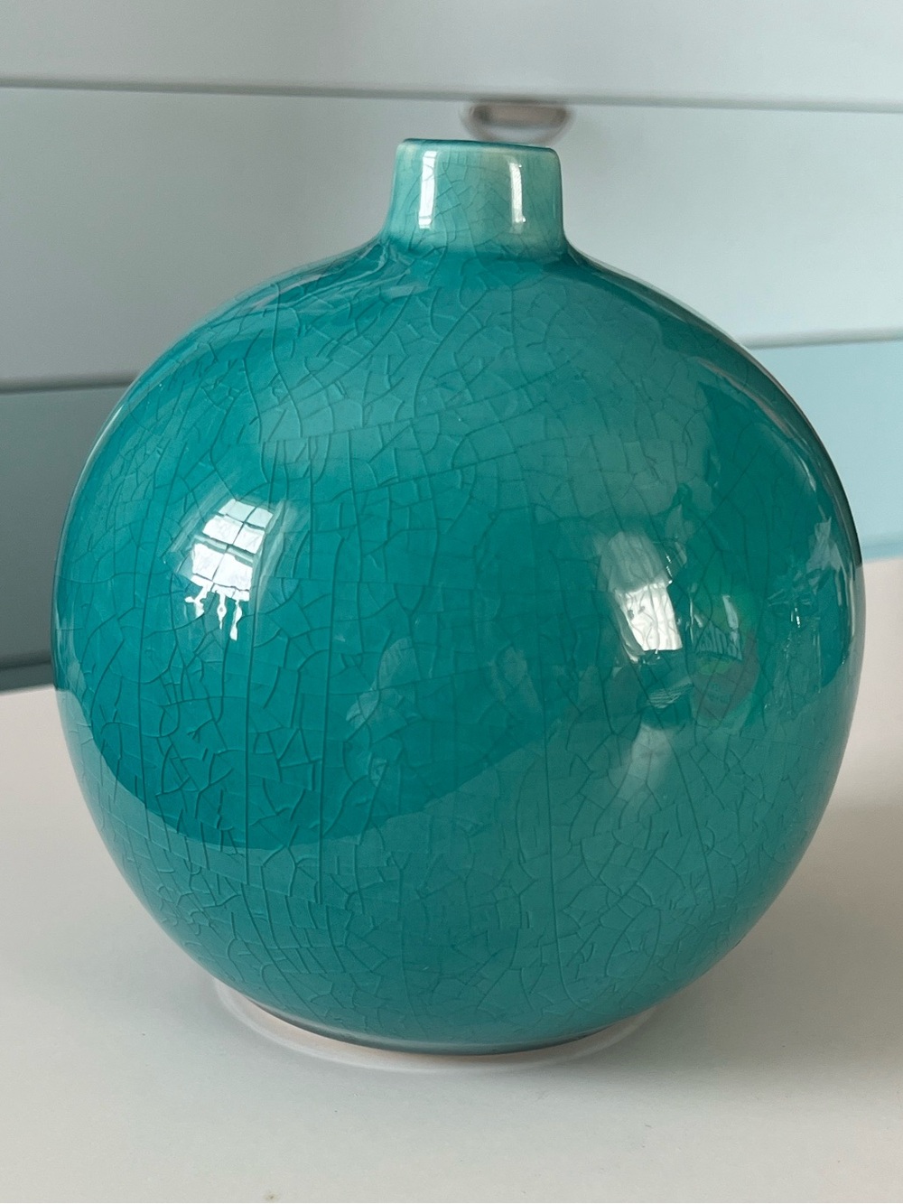 Crate&Barrel Teal Gloss Crackle Ceramic 5” Globe Vase